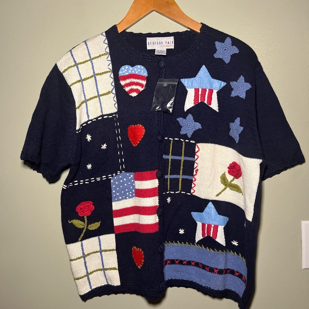 Vintage Granny Patriotic Patchwork Cardigan Short Sleeves Knit L  New